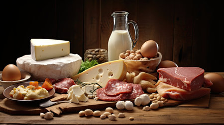 food with animal protein sources - meat, cheese, milk, nutsの素材