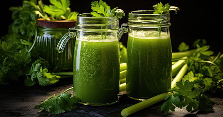 celery smoothies refreshing drink in glass jarsの素材
