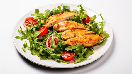salad with chicken fillet in plate, top viewの素材