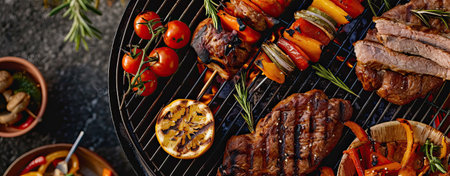 BBQ with grilled food, top view bannerの素材