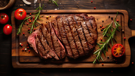 Grilled beef steak meat on wooden cutting boardの素材