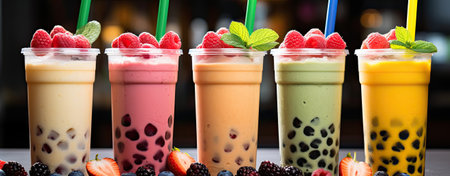 row of fresh bubble tea and smoothies refreshing drinks in tall glassesの素材