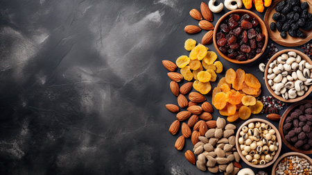 Nuts and dried fruits assortment on stone table top view.の素材