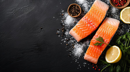 Raw Fillet of salmon fresh fish with sea salt and pepper,の素材