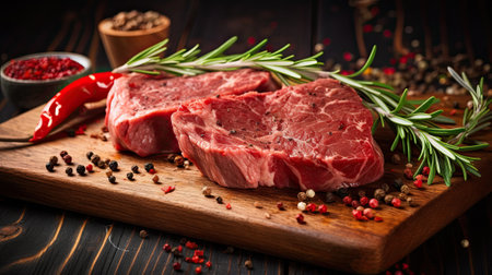 Raw meat, raw beef steak on a cutting board with rosemary and spices.の素材
