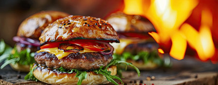 Burger being prepared with cheese on juicy cutlet, Gastronomy and fast food conceptの素材