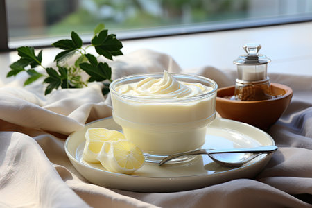 fresh yogurt in a minimalist style, healthy snack for breakfast.の素材