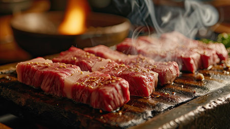 Thin slices of raw beef on a beef grill, meat starting to sear and sizzle, authentic Japanese restaurant, table side grilling,の素材