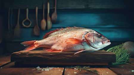 fresh fish bream on wooden background,の素材