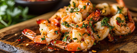 garlic prawns grilled in black pan.の素材