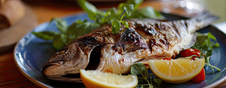 grilled dorada fish served on plate, web banner formatの素材