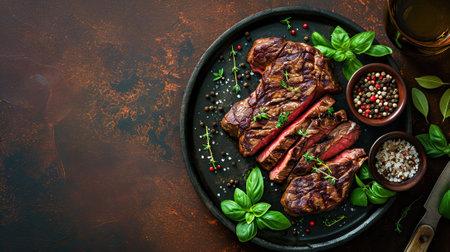 Grilled ribeye beef steak, herbs and spices. Top view with copy space on rustic table.の素材