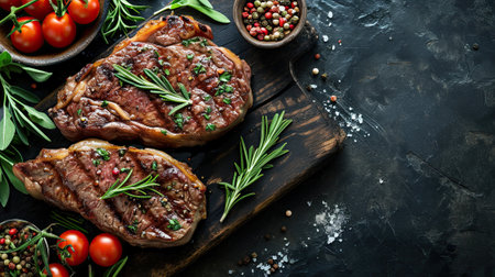 Grilled ribeye beef steak, herbs and spices. Top view with copy space on rustic table.の素材