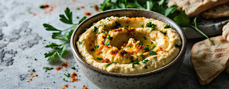 Homemade creamy hummus spread in bowl on gray aged table background.の素材
