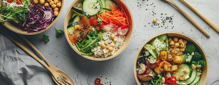 Poke bowl with seafood and salad and vegan bowl with vegetables and chickpeas in sustainable food containers, eco-friendly delivery food with plastic free cutleryの素材