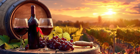 Wine bottles and glasses with grapes ripe and barrel in rural scene at sunset.の素材
