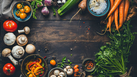 Organic harvest Vegetables from garden and forest mushrooms, vegetarian ingredients for cooking on dark rustic wooden background, top view over wooden table with copy spaceの素材