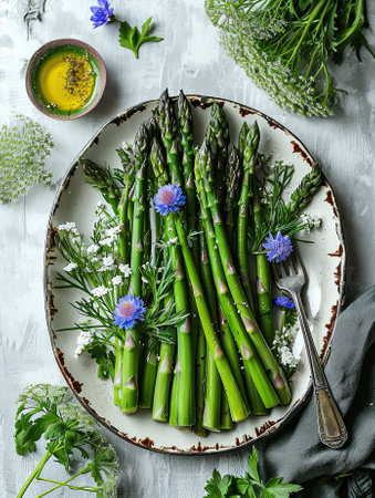 Green asparagus sprouts in plate with eadible flowers, top viewの素材