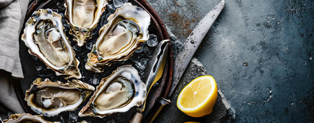 Open raw oysters on a plate with lemon and oysters knife, dark gray vintage background,の素材