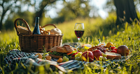 Picnic basket on grass with food and drink on blanket. Picnic lunch outdoor in a field on sunny day with bread, fruit and bottle of red wine. Pic nic on green grass with landscape in the background.の素材