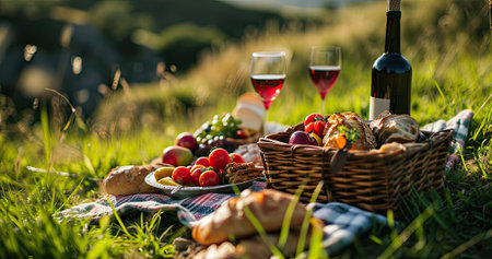 Picnic basket on grass with food and drink on blanket. Picnic lunch outdoor in a field on sunny day with bread, fruit and bottle of red wine. Pic nic on green grass with landscape in the background.の素材