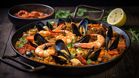 Pan with seafood paella, traditional spanish dishの素材