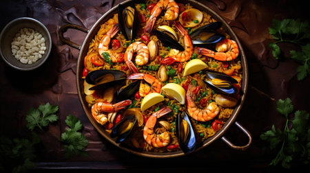 Pan with seafood paella, traditional spanish dishの素材