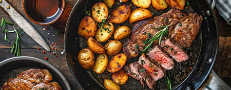 Top view of a frying pan with roasted steak and potatoes.の素材