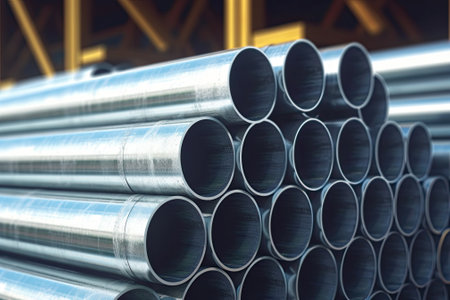 galvanized steel pipes stacked in warehouse.の素材