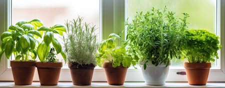 pots with aromatic herbs on windowの素材