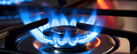 two kitchen gas stove burners, close up of blue flame,の素材