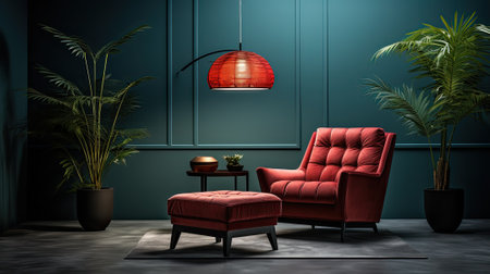 Stylish scandinavian living room with red armchair, loft modern home decor style.の素材