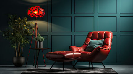 Stylish scandinavian living room with red armchair, loft modern home decor style.の素材