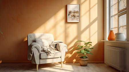 chair in apartment, warm orange walls, japandy styleの素材