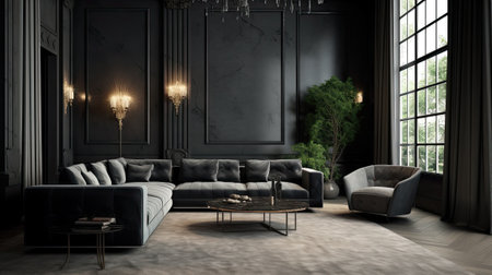 Dark living room interior with luxury gray sofa.の素材