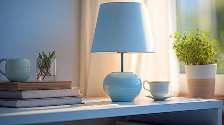 Pastel blue nightstand with lamp and a stack of pastel-covered journals.の素材
