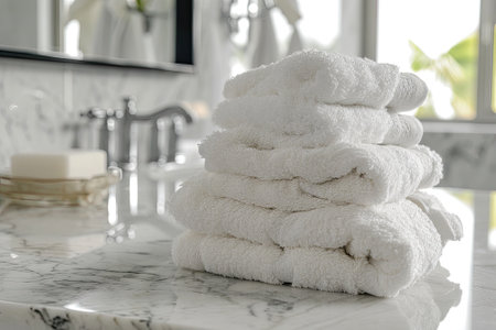 Pile of fluffy white bath towels stacked on a white marble vanity in a luxury bathroom interiorの素材