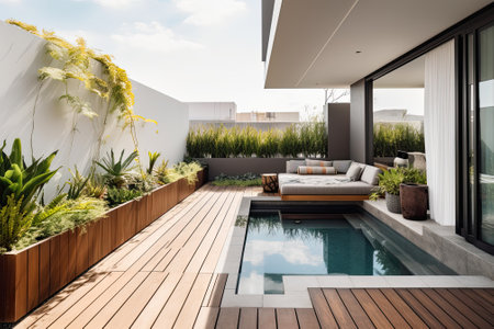 Modern apartment patio or cortyard with pool, calming area for relaxing in natural ambienceの素材