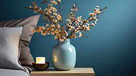 detail of cozy bedroom, vases and lamp near bedの素材