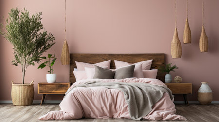 home interior with unmade bed, modern neutral colorsの素材