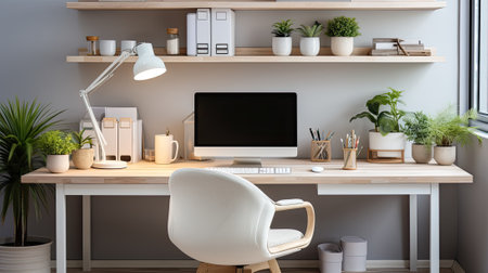 Minimalist working desk, big city in backgroundの素材