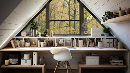 Minimalist working desk, big city in backgroundの素材