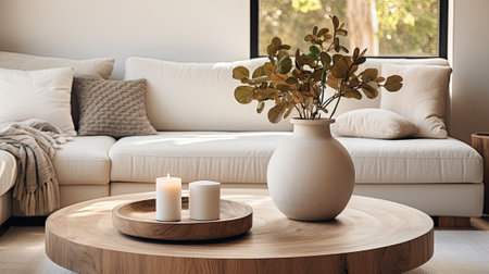 Minimal living room with wooden coffee table near sofa, natural interior decor and biophilic designの素材