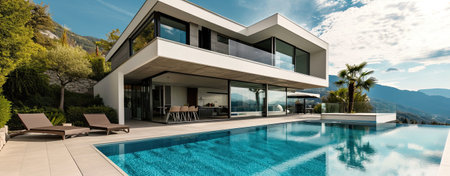 Contemporary luxury villa with blue pool.の素材