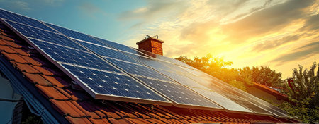 renewable energy concept, power generated by rooftop solar panels on old house roof.の素材