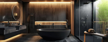 Bathroom luxury interior design with matte black bath and modern shower.の素材