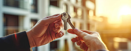 woman holding house key in sunset lightの素材
