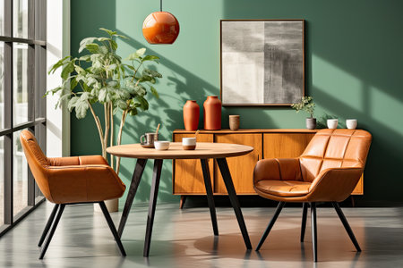 Dining table in room with green wallsの素材