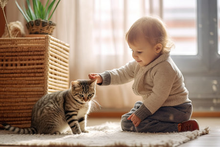 small child playing with cute catの素材