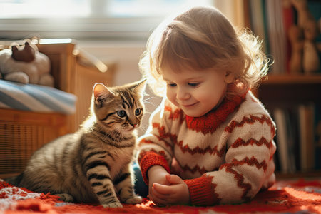 small child playing with cute catの素材